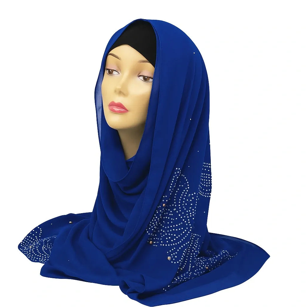 Royal blue embellished chiffon hijab with rhinestone details, elegant modest fashion headscarf for women, lightweight chiffon hijab from Affordable Hijab USA