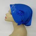 royal blue turban headwrap with rhinestone design and flower detail soft stretch fabric modest headwear for women elegant full coverage turban comfortable daily wear and special occasions