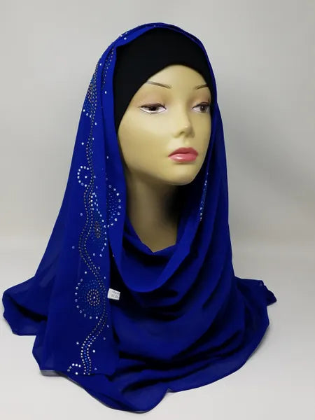 Royal blue hijab scarf with rhinestone embellishments along the edges, elegant modest headscarf, soft flowing hijab for formal wear and everyday styling