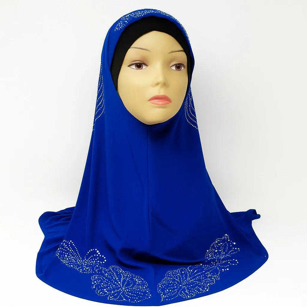 Royal blue one piece khimar hijab with rhinestones on the back and along the bottom edge, full coverage modest Muslim pull on hijab for everyday wear