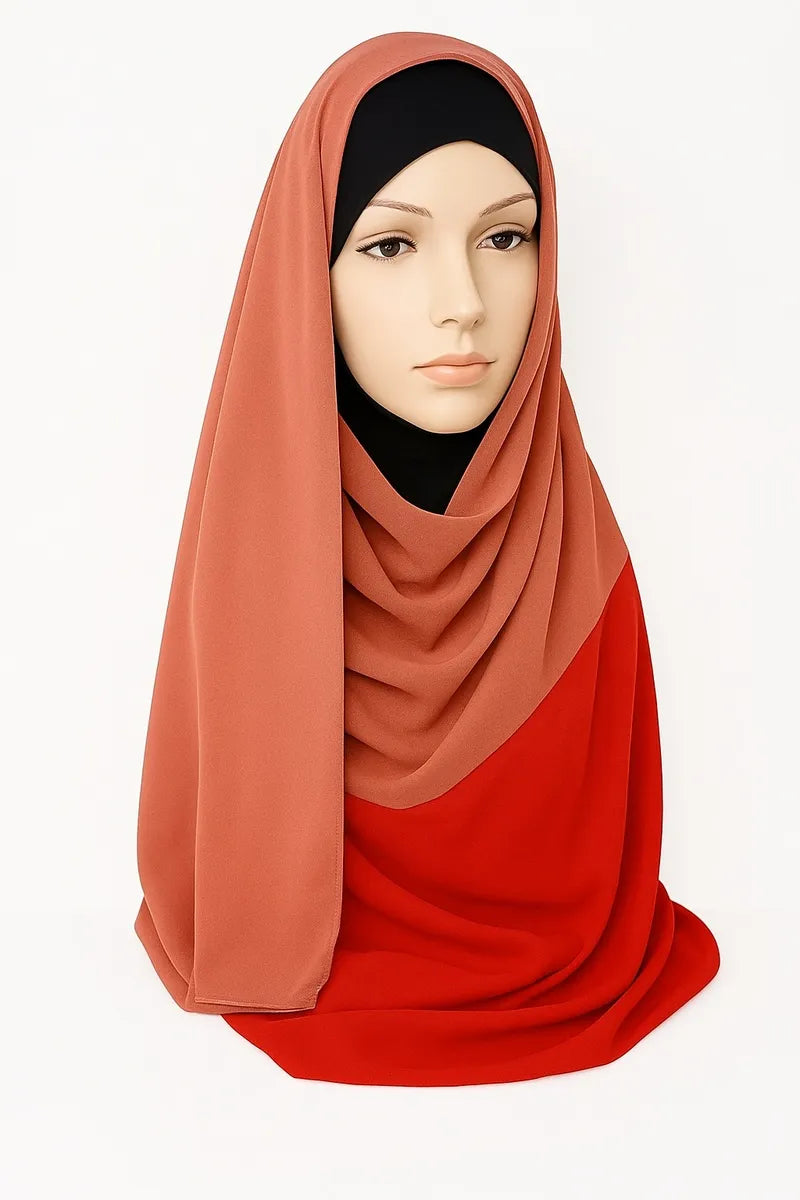Rust brown long drape hijab scarf for women, soft stretch fabric modest wrap style shawl, lightweight layered Muslim headscarf for daily wear, prayer, and modest fashion styling