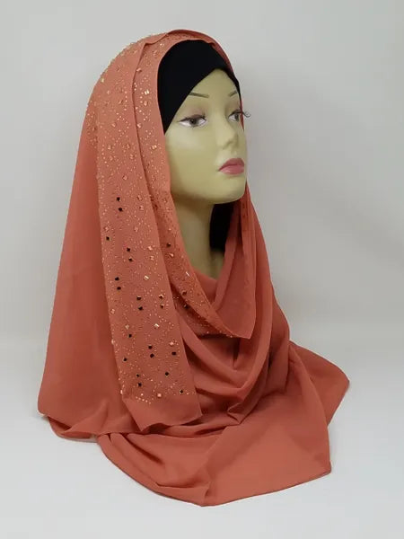 Rust rhinestone chiffon hijab scarf for women, lightweight chiffon headscarf with sparkle detail, elegant modest hijab, long drape scarf, breathable fabric hijab, muslim women head covering, stylish burnt orange chiffon hijab with rhinestones, dressy hijab for special occasions