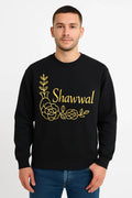 Black Shawwal Mubarak long sleeve shirt with elegant gold Islamic design, Eid celebration apparel for Muslim men and women