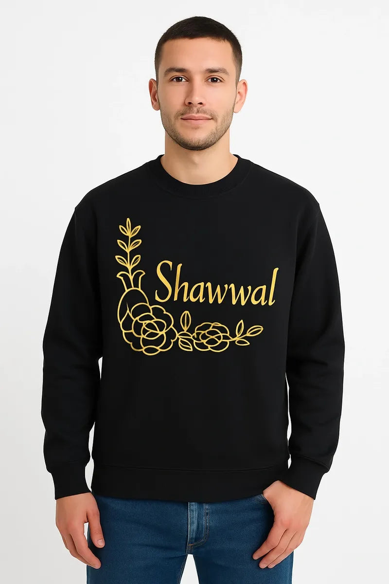 Black Shawwal Mubarak long sleeve shirt with elegant gold Islamic design, Eid celebration apparel for Muslim men and women