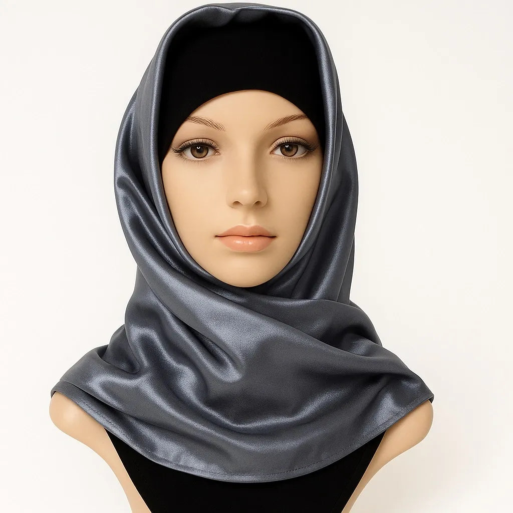 Silver satin square hijab silky smooth shiny fabric elegant modest headscarf lightweight Islamic scarf for women