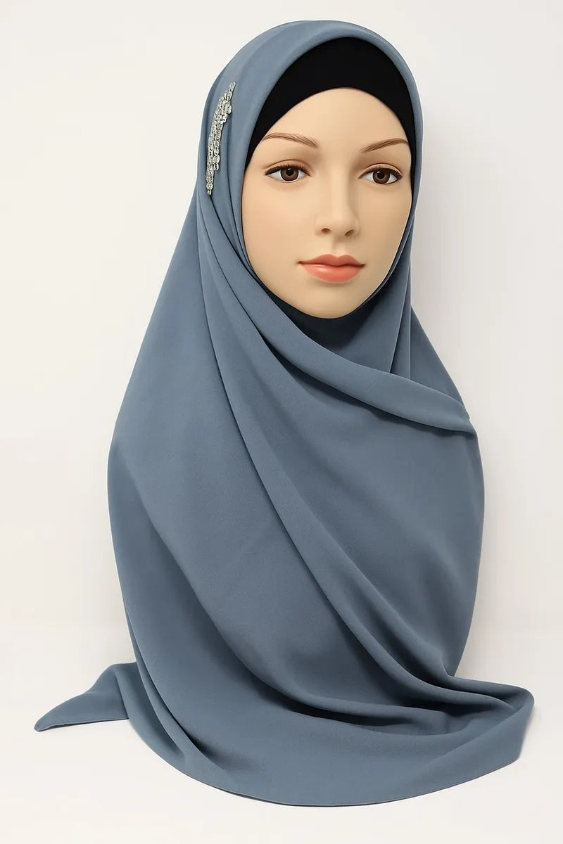Slate blue hijab scarf with silver chain embellishment, modest Islamic headscarf for women, decorative Muslim hijab with side detail, elegant prayer and special occasion scarf