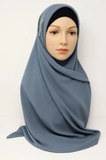 Slate blue hijab scarf with silver chain embellishment, modest Islamic headscarf for women, decorative Muslim hijab with side detail, elegant prayer and special occasion scarf