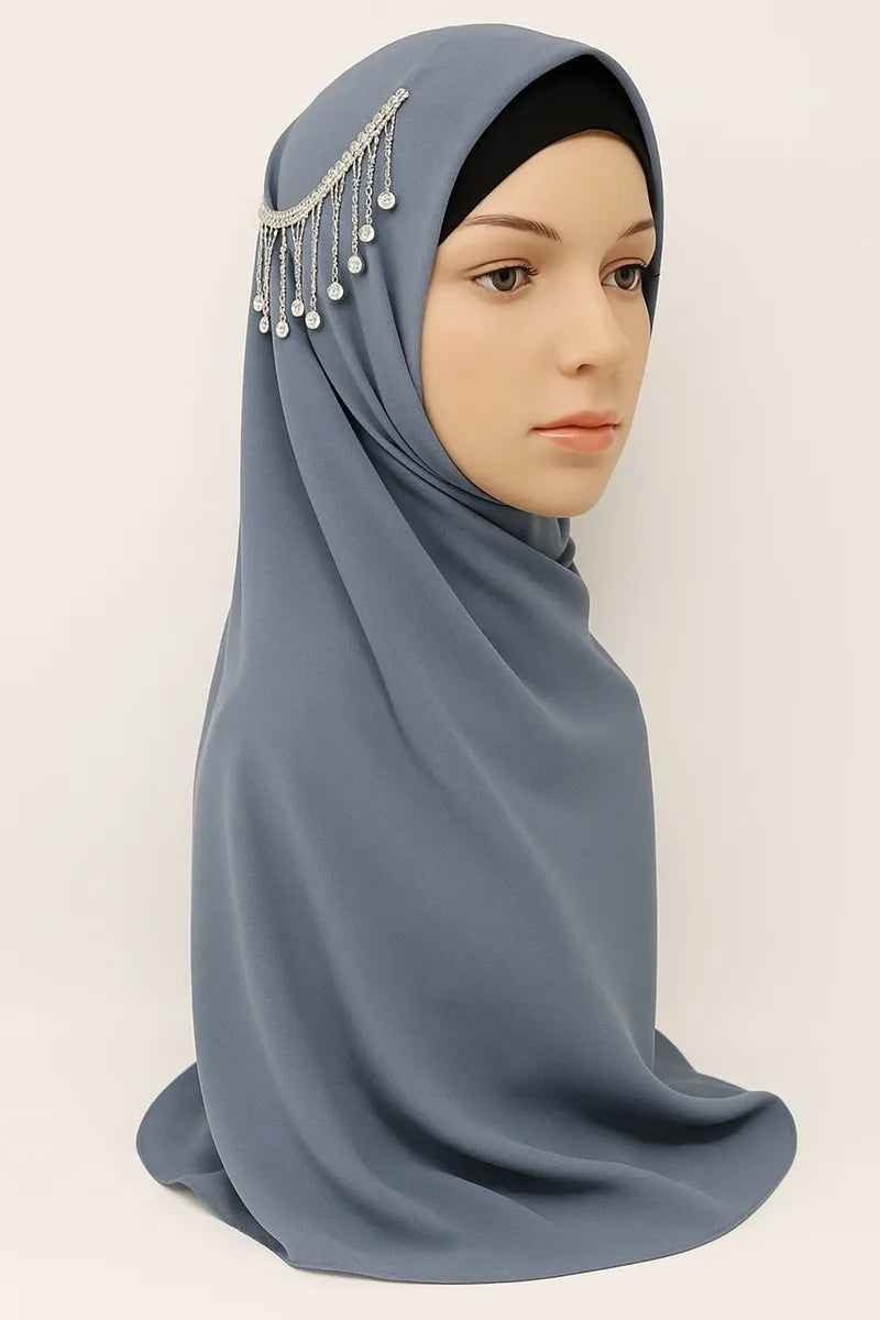 Slate blue hijab scarf with silver chain embellishment, modest Islamic headscarf for women, decorative Muslim hijab with side detail, elegant prayer and special occasion scarf