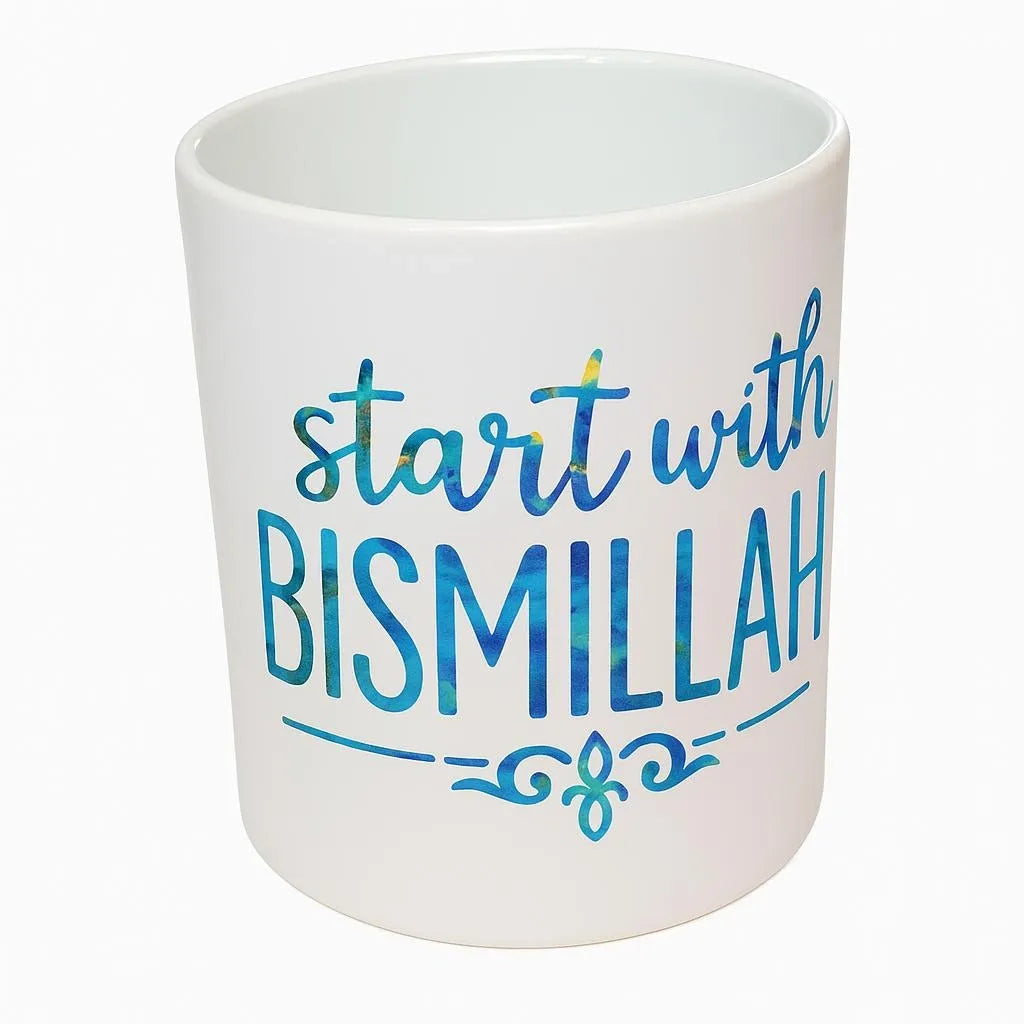 White ceramic Start with Bismillah mug with blue Islamic typography design, Muslim coffee cup, faith inspired drinkware, Islamic gift mug