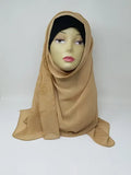 Tan chiffon hijab draped on mannequin, soft breathable scarf for modest wear, lightweight smooth fabric, flowy elegant texture, neutral tan hijab for everyday styling and special occasions