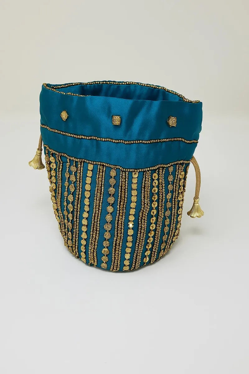 Teal beaded mini bucket handbag with gold chain detail, turquoise evening purse for women, elegant Eid bag, Ramadan formal handbag, modest fashion statement purse, small drawstring beaded bag USA