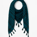 Teal and black keffiyeh scarf with traditional woven pattern and tassel fringe, lightweight cotton blend Palestinian style scarf for men and women