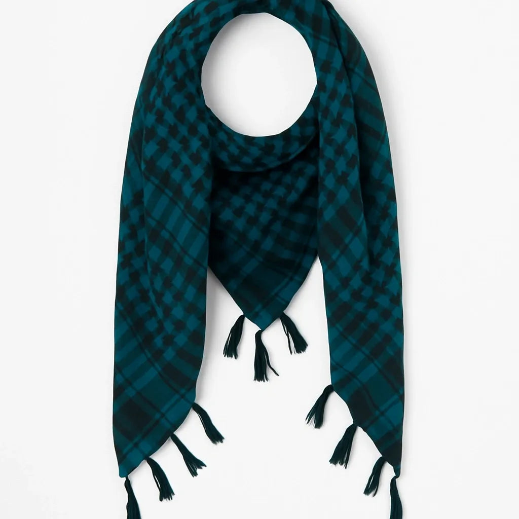 Teal and black keffiyeh scarf with traditional woven pattern and tassel fringe, lightweight cotton blend Palestinian style scarf for men and women