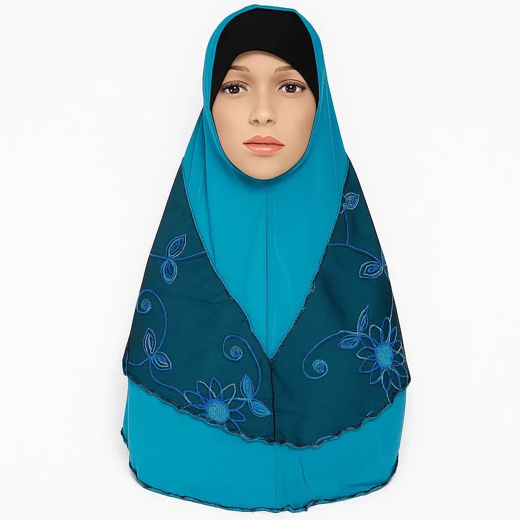 Elegant teal floral embroidered hijab with delicate tone on tone flower detailing, soft drape modest headscarf for everyday wear and special occasions by Affordable Hijab USA
