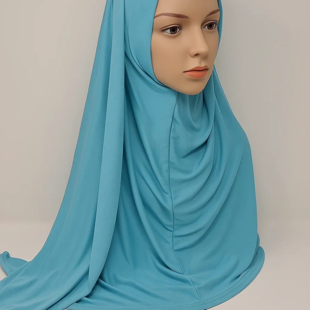 Teal full drape khimar hijab in heavy jersey fabric with long front and back coverage, loose modest Islamic prayer hijab for women, soft stretch material from Affordable Hijab USA