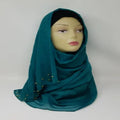 teal hijab scarf with gold bead detailing soft fabric modest fashion head covering elegant full coverage style for women lightweight comfortable drape for everyday and special occasions