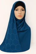 Teal chiffon hijab with rhinestone geometric pattern styled on model, elegant full coverage modest scarf for special occasions USA