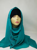 Teal hijab scarf with rhinestone embellishments along the edges, elegant modest headscarf, soft flowing hijab for everyday wear and special occasions