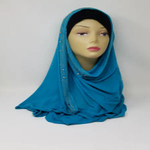 Teal rhinestone jersey hijab with soft heavy stretch fabric and side sparkle detail, full coverage modest headscarf for daily wear and special occasions, comfortable wrap style