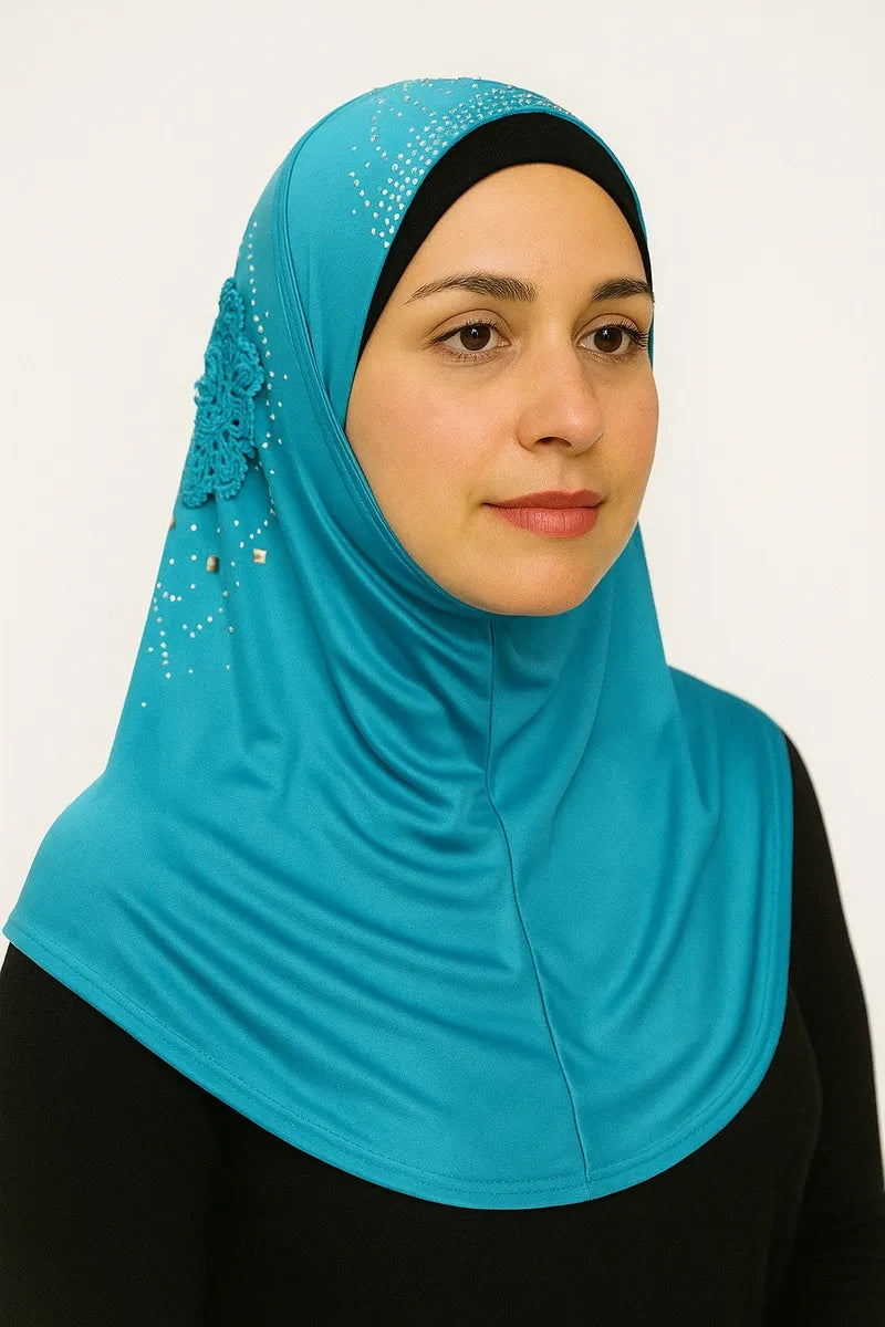 Teal one piece rhinestone hijab for women, ready to wear modest headwear with small sparkling rhinestones, comfortable pull on hijab for daily wear, prayer, and modest fashion styling