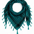 Turquoise and black keffiyeh scarf with traditional woven pattern and tassel fringe, lightweight cotton blend Palestinian style scarf for men and women
