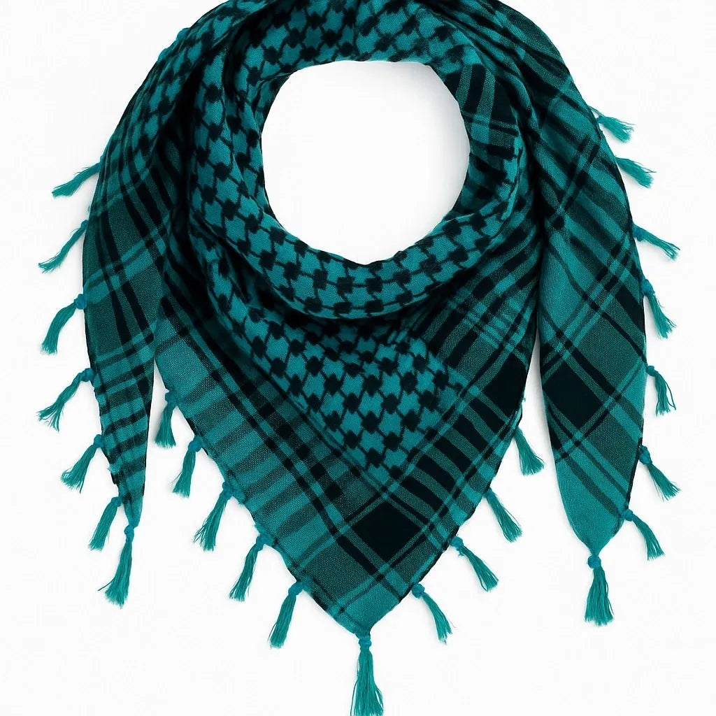 Turquoise and black keffiyeh scarf with traditional woven pattern and tassel fringe, lightweight cotton blend Palestinian style scarf for men and women