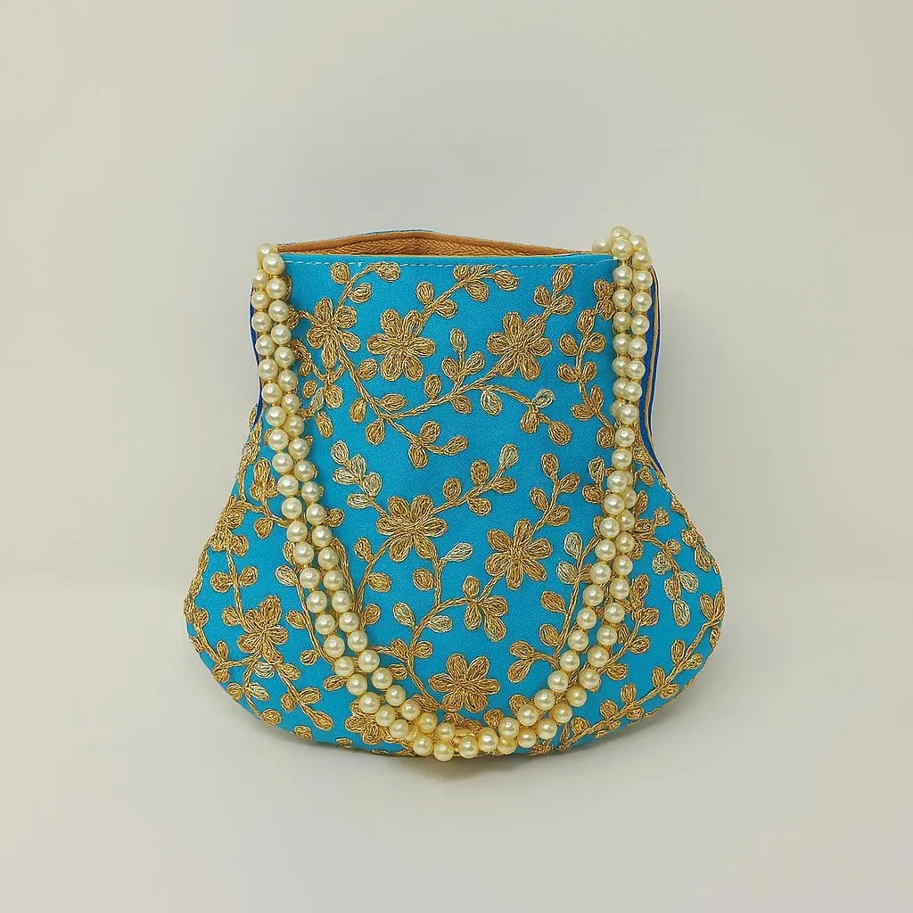 Turquoise embroidered potli bag with gold floral design, traditional Indian drawstring pouch, ethnic wedding purse for women, festive clutch handbag