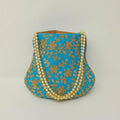 Turquoise embroidered potli bag with gold floral design, traditional Indian drawstring pouch, ethnic wedding purse for women, festive clutch handbag