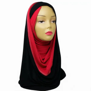 wo tone rhinestone hijab in black and contrast color, one-piece soft fabric hijab with subtle rhinestone detail, elegant modest wear for everyday or dress use