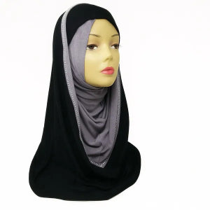 one-piece two-tone rhinestone hijab in soft stretch fabric, easy slip on modest hijab with sparkle detail, comfortable everyday and dress wear