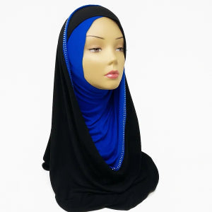 one-piece two-tone hijab with rhinestone detail, soft stretch fabric, easy slip-on modest hijab for everyday and dress wear