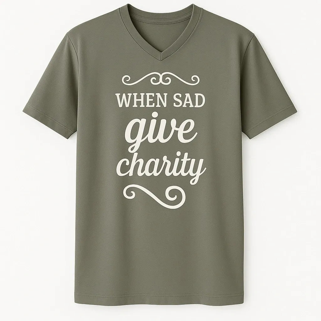 Neutral Islamic t-shirt with When Sad Give Charity quote in white script lettering, Muslim inspirational shirt, modest faith apparel for Ramadan daily wear and Islamic charity reminder clothing