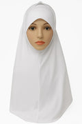 White 2-piece khimar hijab set in heavy jersey fabric with full drape coverage and stretch undercap, modest Muslim women headwear, long flowing khimar scarf for prayer, daily wear, Eid, and modest fashion styling
