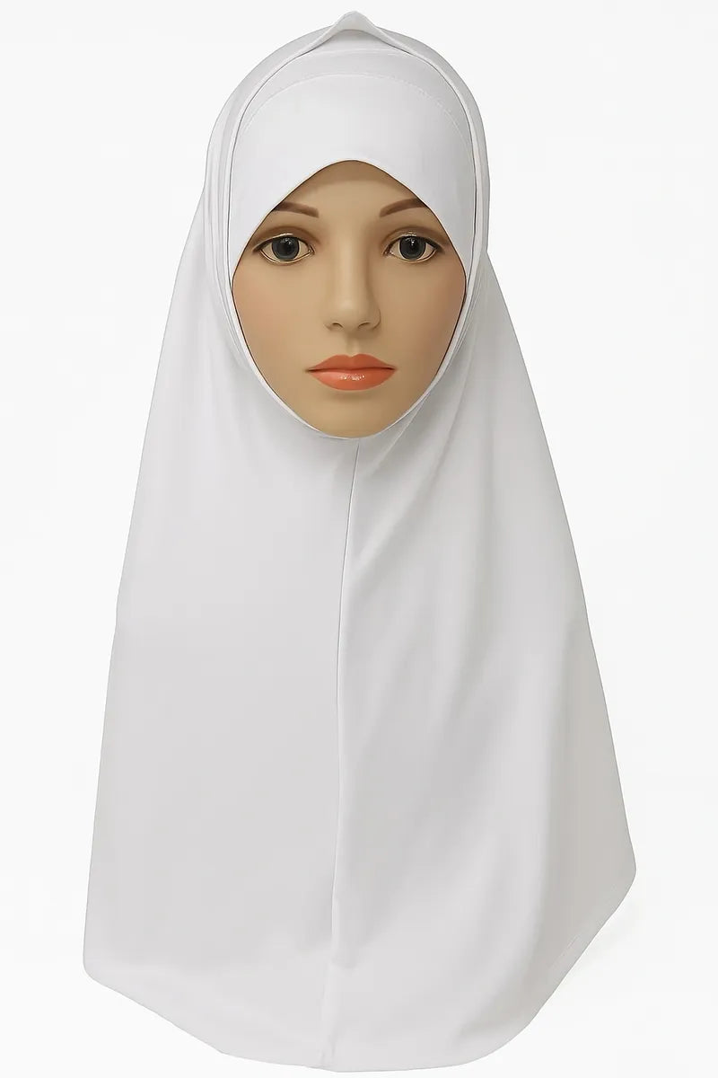 White 2-piece khimar hijab set in heavy jersey fabric with full drape coverage and stretch undercap, modest Muslim women headwear, long flowing khimar scarf for prayer, daily wear, Eid, and modest fashion styling