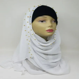 white beaded chiffon hijab scarf lightweight breathable flowy fabric modest muslim headscarf elegant drape hijab with bead detail full coverage stylish scarf for women