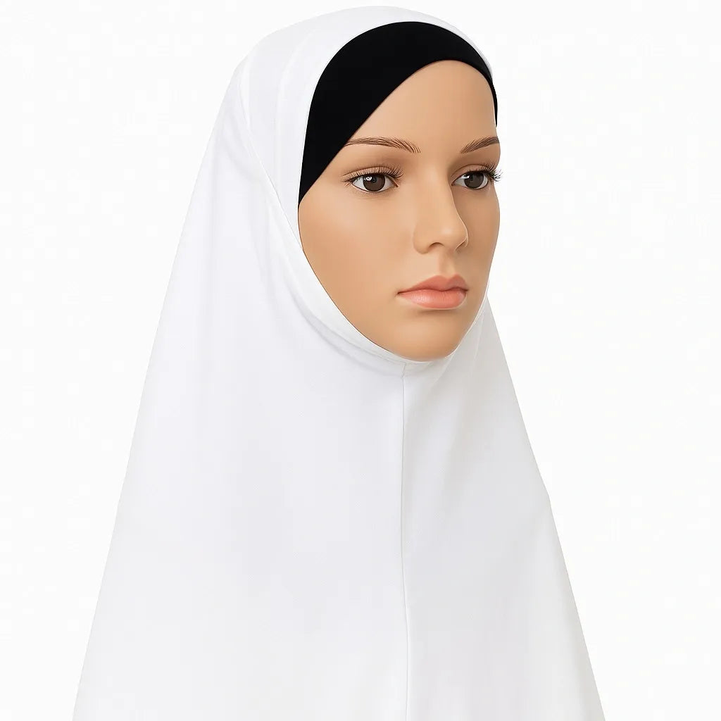 Model wearing white full coverage khimar hijab with soft flowing drape and lightweight breathable fabric, modest Islamic head covering for women, front and side view on white background