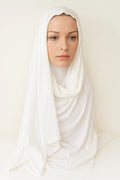 White full drape khimar hijab in heavy jersey fabric with long front and back coverage, modest Islamic prayer hijab for women, soft stretch layered khimar from Affordable Hijab USA