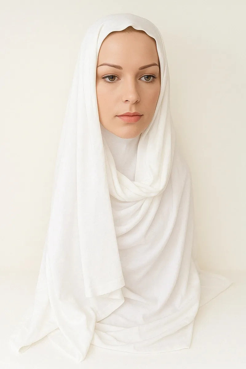 White full drape khimar hijab in heavy jersey fabric with long front and back coverage, modest Islamic prayer hijab for women, soft stretch layered khimar from Affordable Hijab USA
