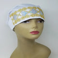 White underscarf cap with gold design, soft stretch hijab inner cap for women, breathable full coverage headwear, secure fit modest underscarf for daily wear