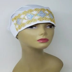 White underscarf cap with gold design, soft stretch hijab inner cap for women, breathable full coverage headwear, secure fit modest underscarf for daily wear