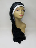White long wrap turban hijab with drape on mannequin, layered headwrap style, soft stretch fabric, modest turban hijab with long tail