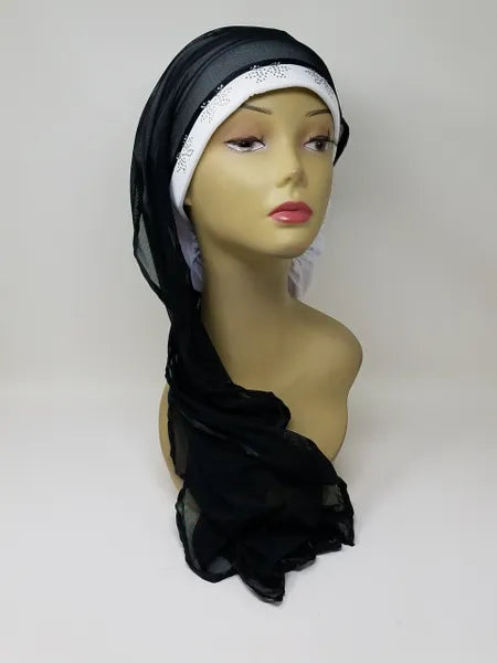 White long wrap turban hijab with drape on mannequin, layered headwrap style, soft stretch fabric, modest turban hijab with long tail