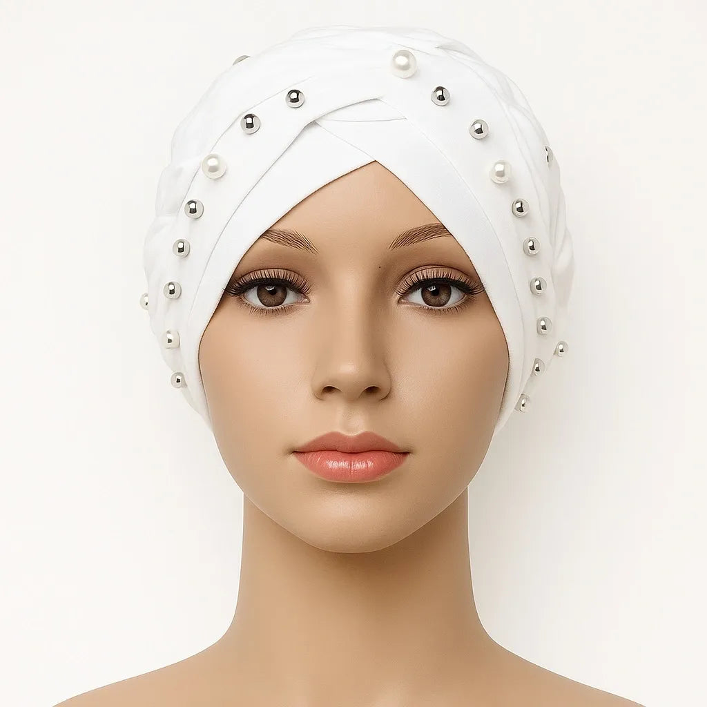 White pearl embellished turban cap for women, pre tied modest headwrap with bead details, elegant Islamic head covering, Affordable Hijab USA