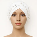 White pearl embellished turban cap for women, pre tied modest headwrap with bead details, elegant Islamic head covering, Affordable Hijab USA