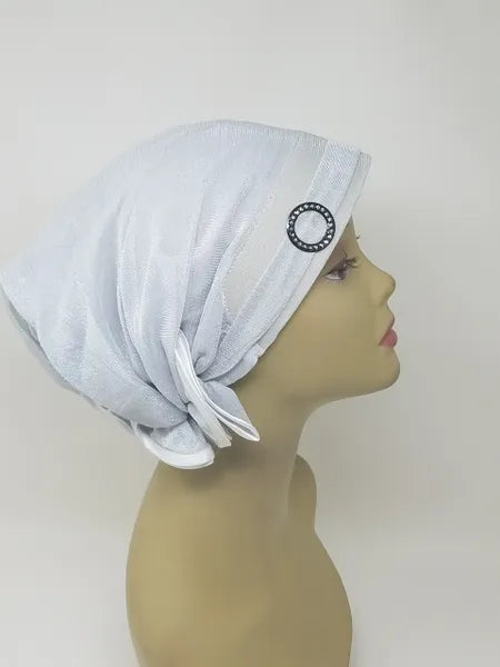White pre tied turban cap for women with side ring detail, soft stretch fabric head covering, ready to wear turban hat, full coverage modest headwear, lightweight breathable turban cap, slip on hijab cap alternative, comfortable daily wear head cap, stylish white turban for women, chemo headwear option, easy wear no wrap head covering