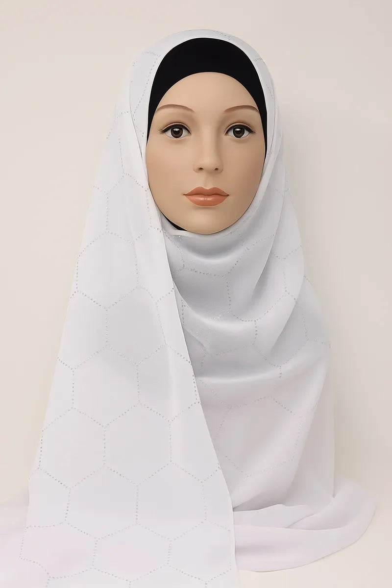 White chiffon hijab with rhinestone geometric pattern styled on mannequin, elegant full coverage modest scarf for weddings and special occasions USA