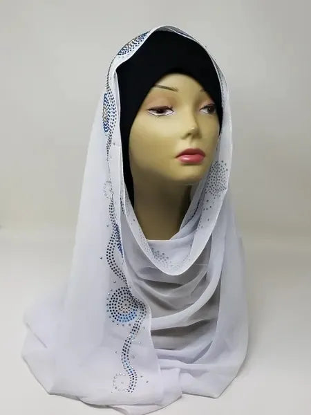 White hijab scarf with rhinestone embellishments along the edges, elegant modest headscarf, soft flowing hijab for weddings, formal wear, and everyday styling