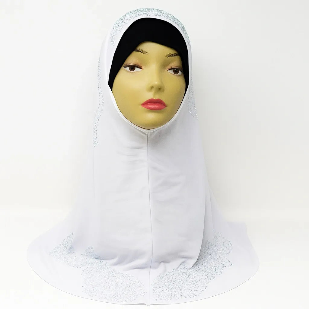 White one-piece khimar hijab with rhinestones on the back and along the bottom edge, full coverage modest Muslim headwear pull on hijab for everyday wear