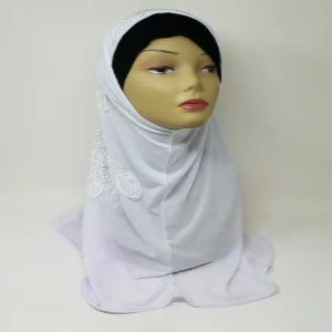 White one-piece hijab with rhinestone side design, full coverage modest headscarf, soft draped fabric, elegant ready to wear hijab for daily wear, formal events and special occasions