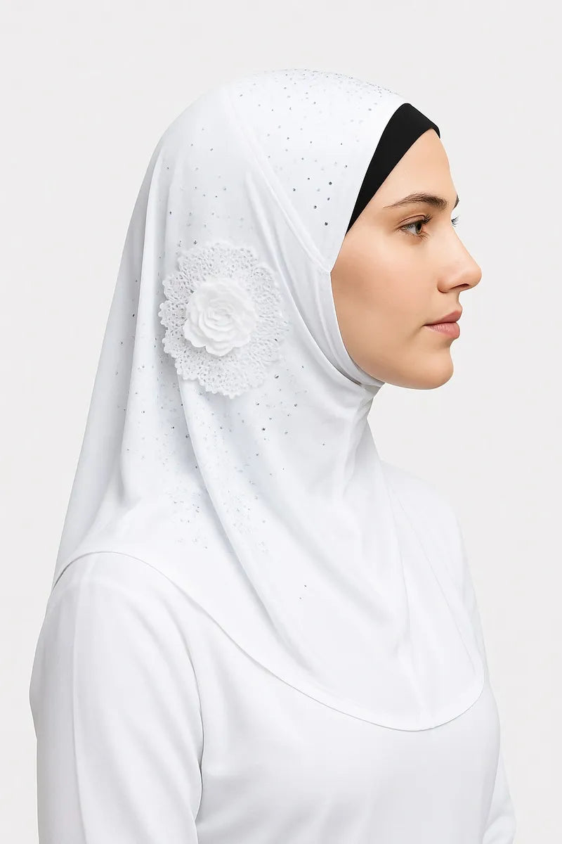 white rhinestone one piece hijab for women ready to wear modest Muslim headwear pull on hijab with rhinestone flower detail